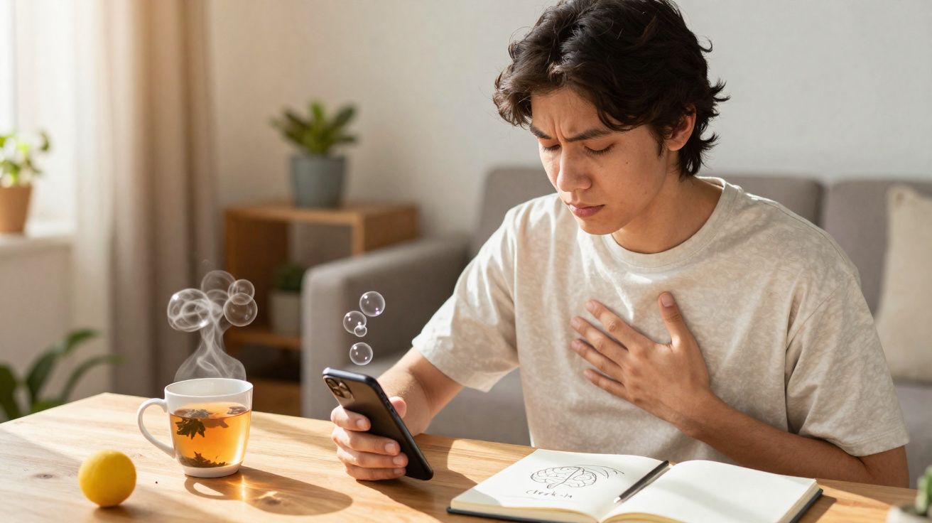 Jovem sentado à mesa com expressão de dor no peito, olhando para o celular, com chá quente e caderno à frente.