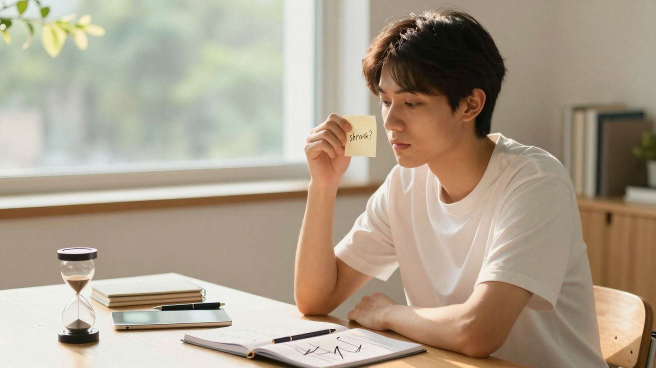 Jovem sentado à mesa segurando um post-it com a palavra "stroke?" enquanto estuda.