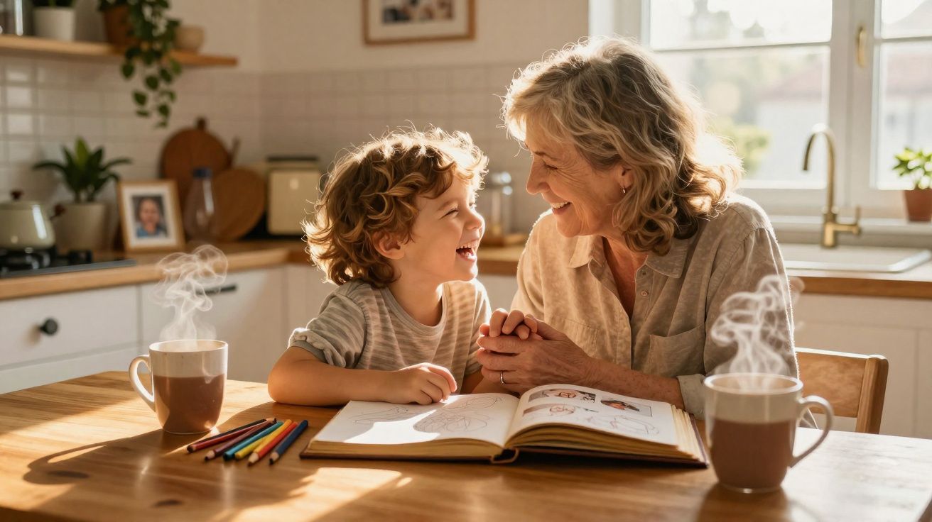Avó e neto sorrindo, sentados à mesa com livro de desenhos e duas xícaras de bebida quente na cozinha iluminada.