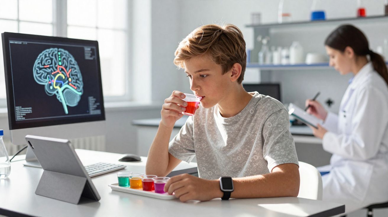 Jovem em laboratório tomando remédio colorido enquanto cientista anota dados ao fundo.