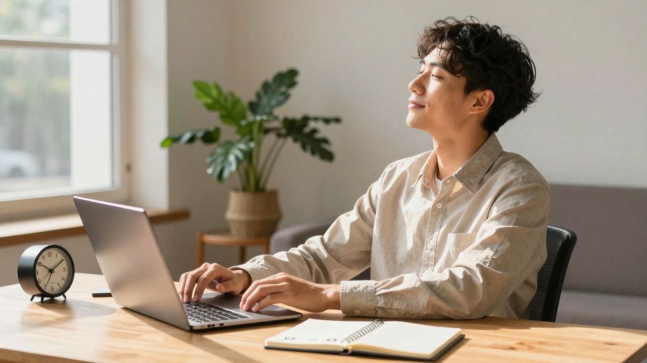 Jovem sentado em frente ao laptop, olhando pela janela, em ambiente iluminado e com planta ao fundo.