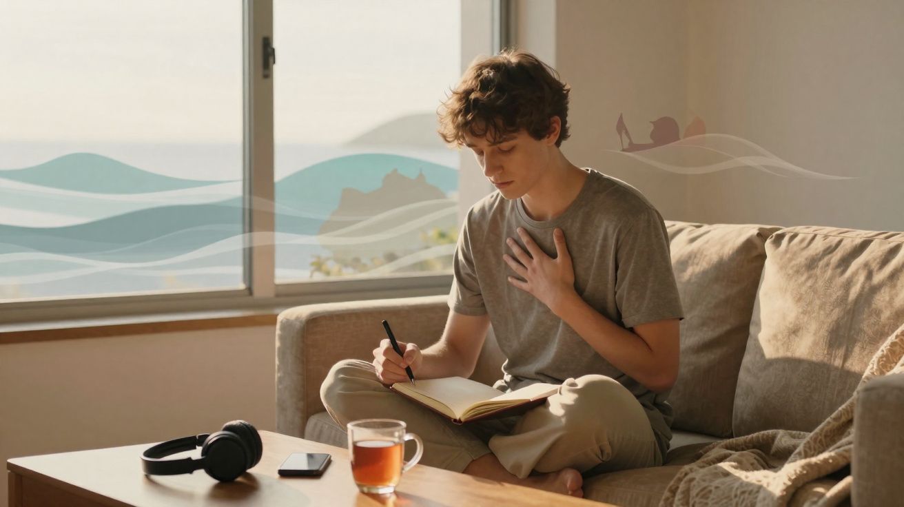 Jovem sentado no sofá escrevendo em caderno, com xícara de chá, fones de ouvido e celular na mesa.