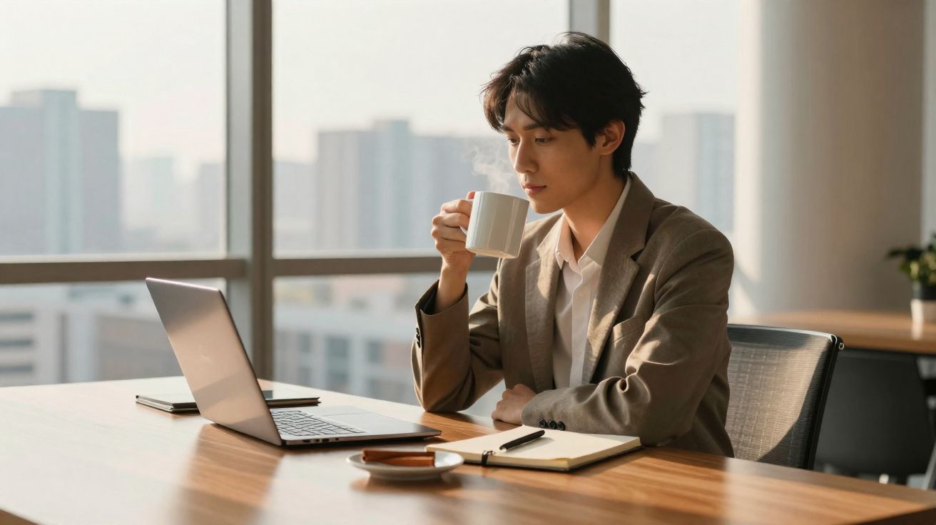 Homem jovem em traje social tomando café enquanto trabalha em laptop em escritório com janela grande.