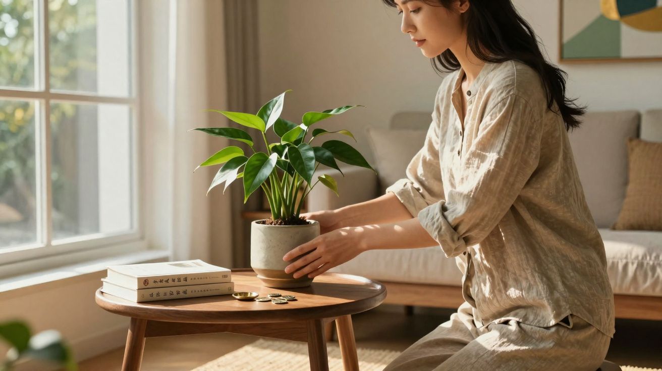 Mulher arrumando planta em vaso sobre mesa de madeira em sala iluminada por janela grande.