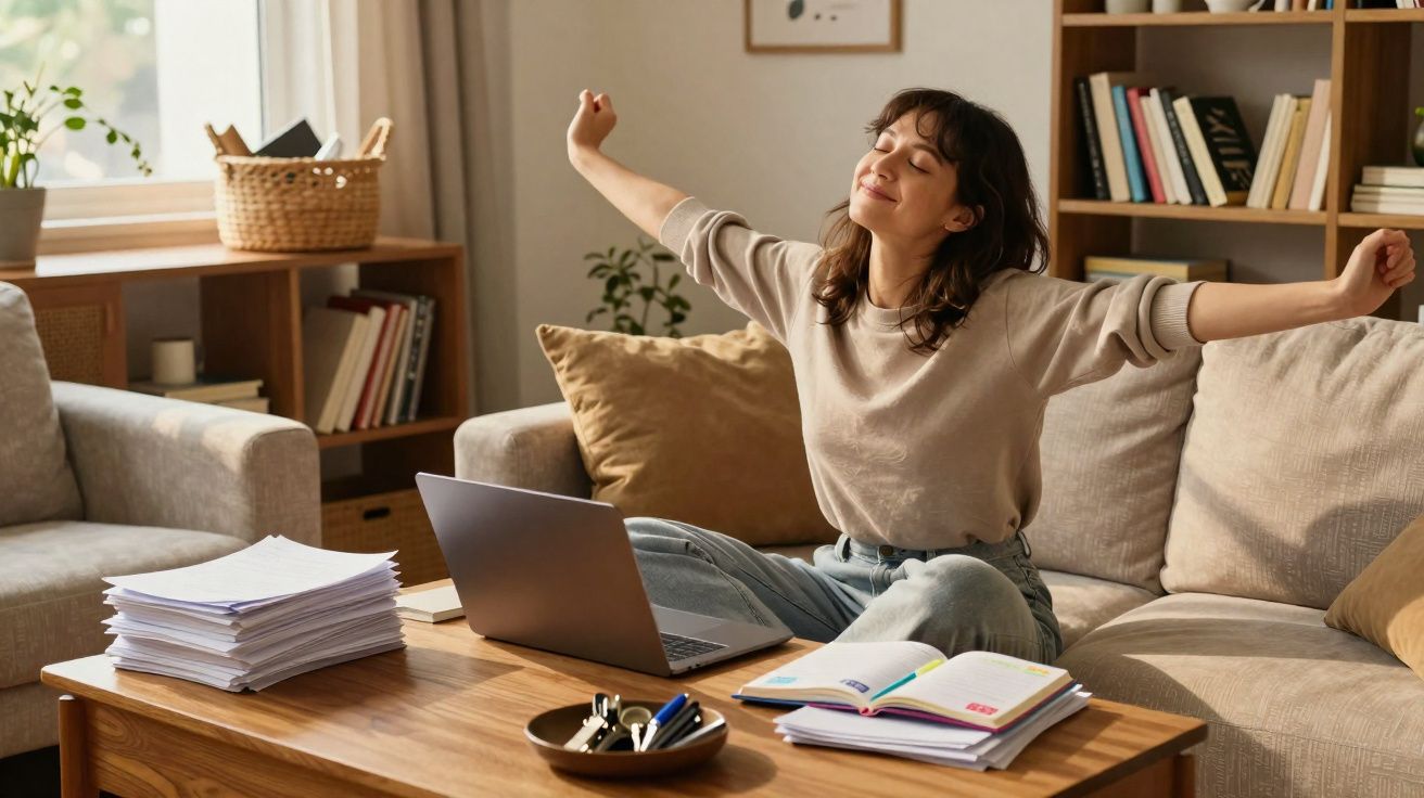 Mulher sentada no sofá ao computador, espreguiçando-se após estudo ou trabalho em casa.