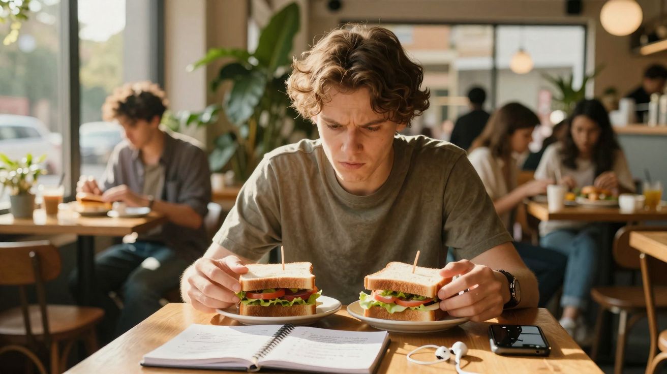 Homem senta em café com dois sanduíches e caderno, aparentando estar pensativo ou concentrado.