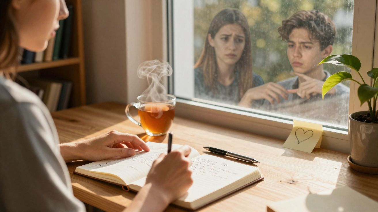 Pessoa escrevendo em caderno com chá quente, enquanto casal observa tristemente pela janela molhada.