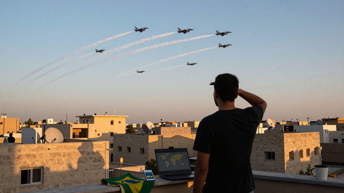 Homem observa esquadrilha de aviões militares voando sobre edifícios ao entardecer.