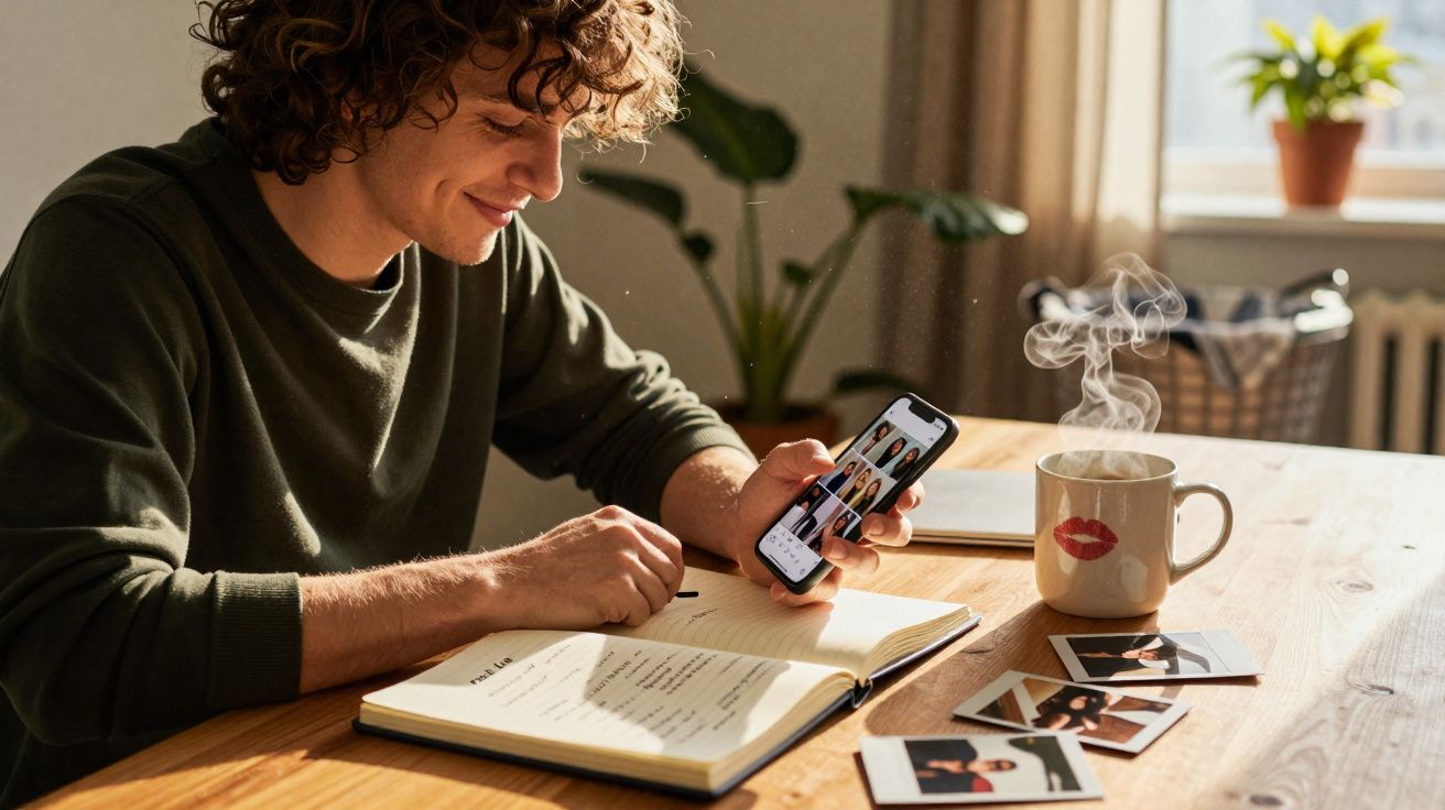 Jovem sorrindo consulta celular enquanto estuda com caderno aberto e fotos em mesa iluminada por luz natural.