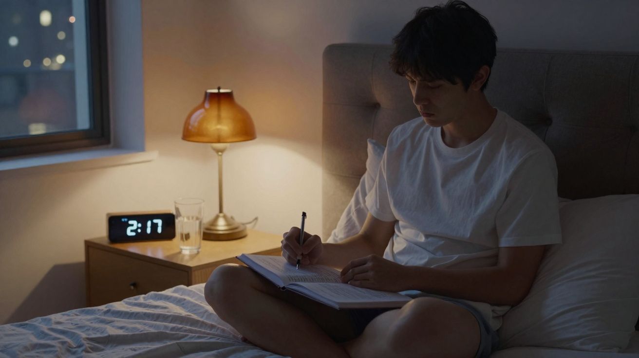 Jovem sentado na cama escrevendo em caderno à noite, com abajur aceso e relógio marcando 2:17.