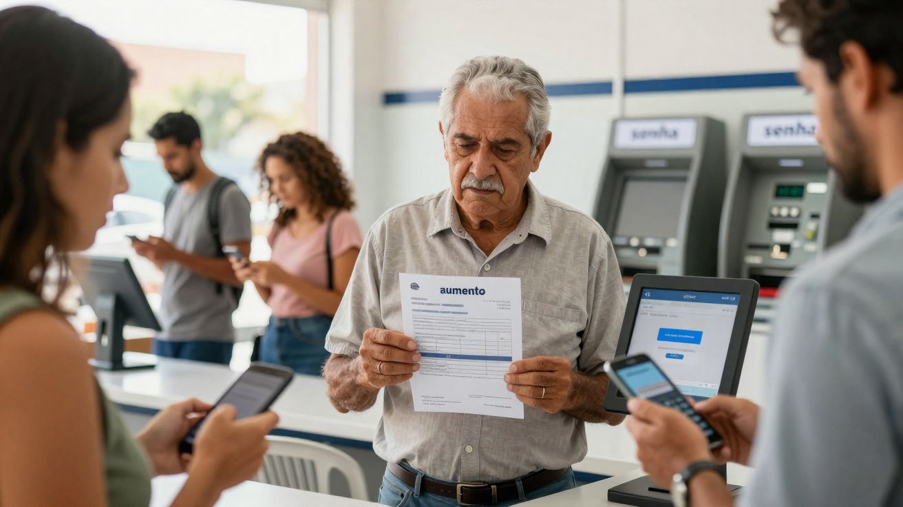 Homem idoso segurando folha com a palavra aumento em agência bancária, com pessoas usando celular ao redor.