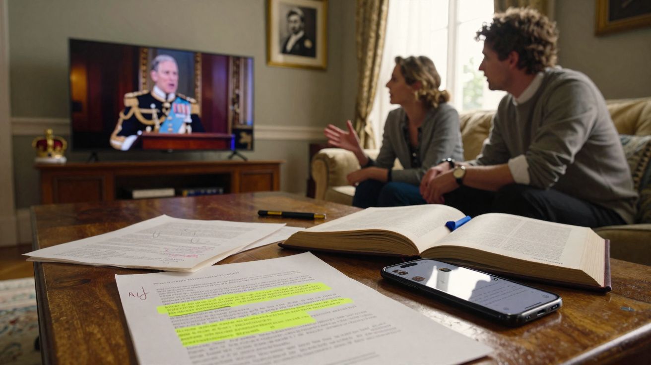 Mesa com documentos, livro aberto e celular em primeiro plano; casal assiste a discurso de militar na TV ao fundo.
