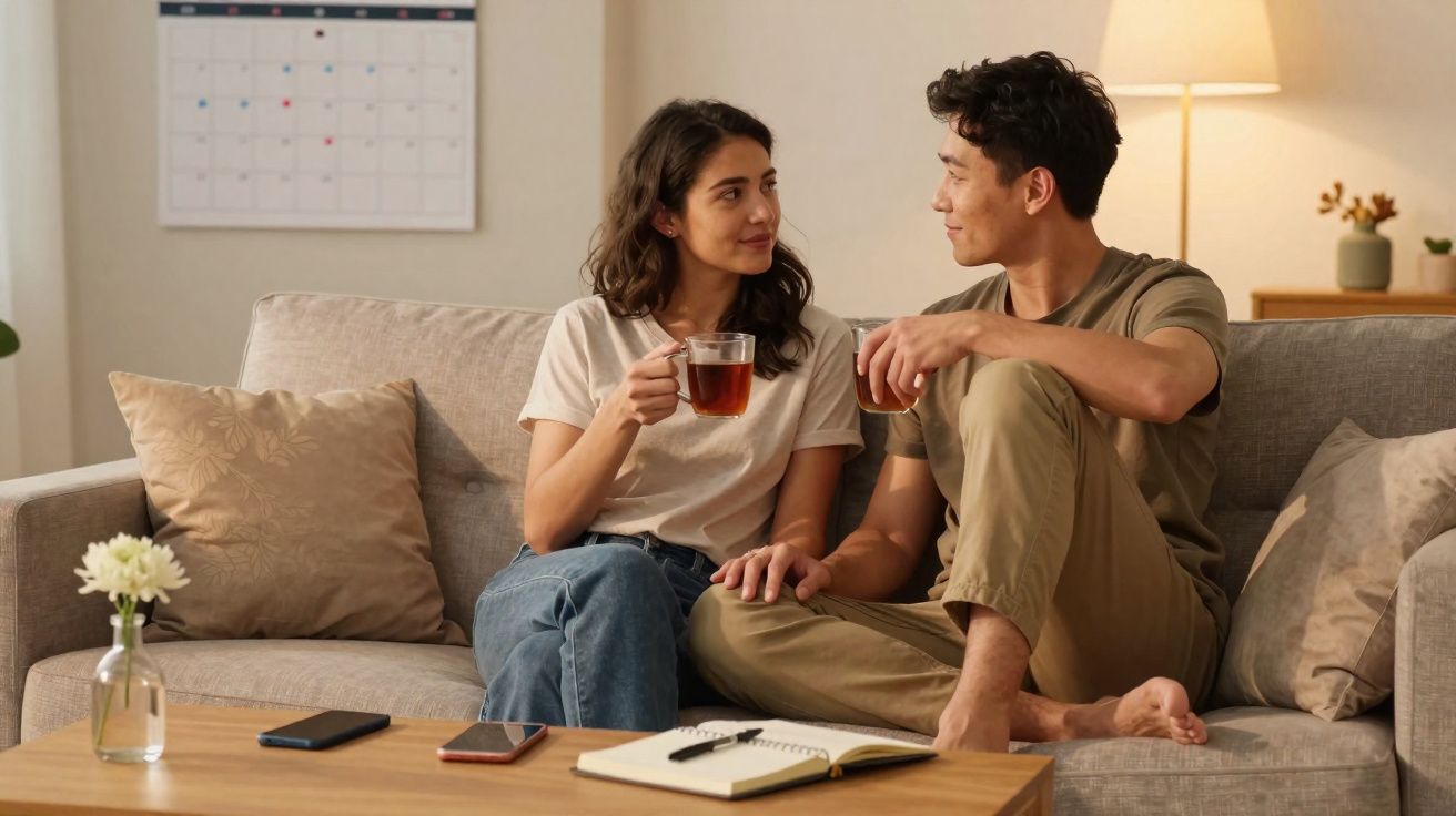 Casal sentado no sofá, segurando xícaras de chá, conversando e olhando um para o outro com carinho.