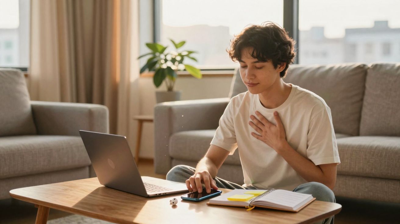 Jovem sentado no chão da sala com notebook, celular, caderno, com a mão no peito demonstrando emoção.