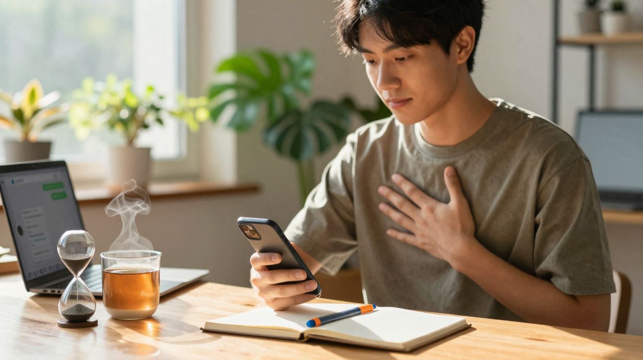 Jovem sentado à mesa, olhando para o celular com a mão no peito, com chá e laptop ao lado.