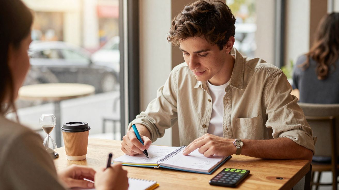 Jovem sentado em mesa escrevendo em caderno, com calculadora e copo de café em ambiente de cafeteria.