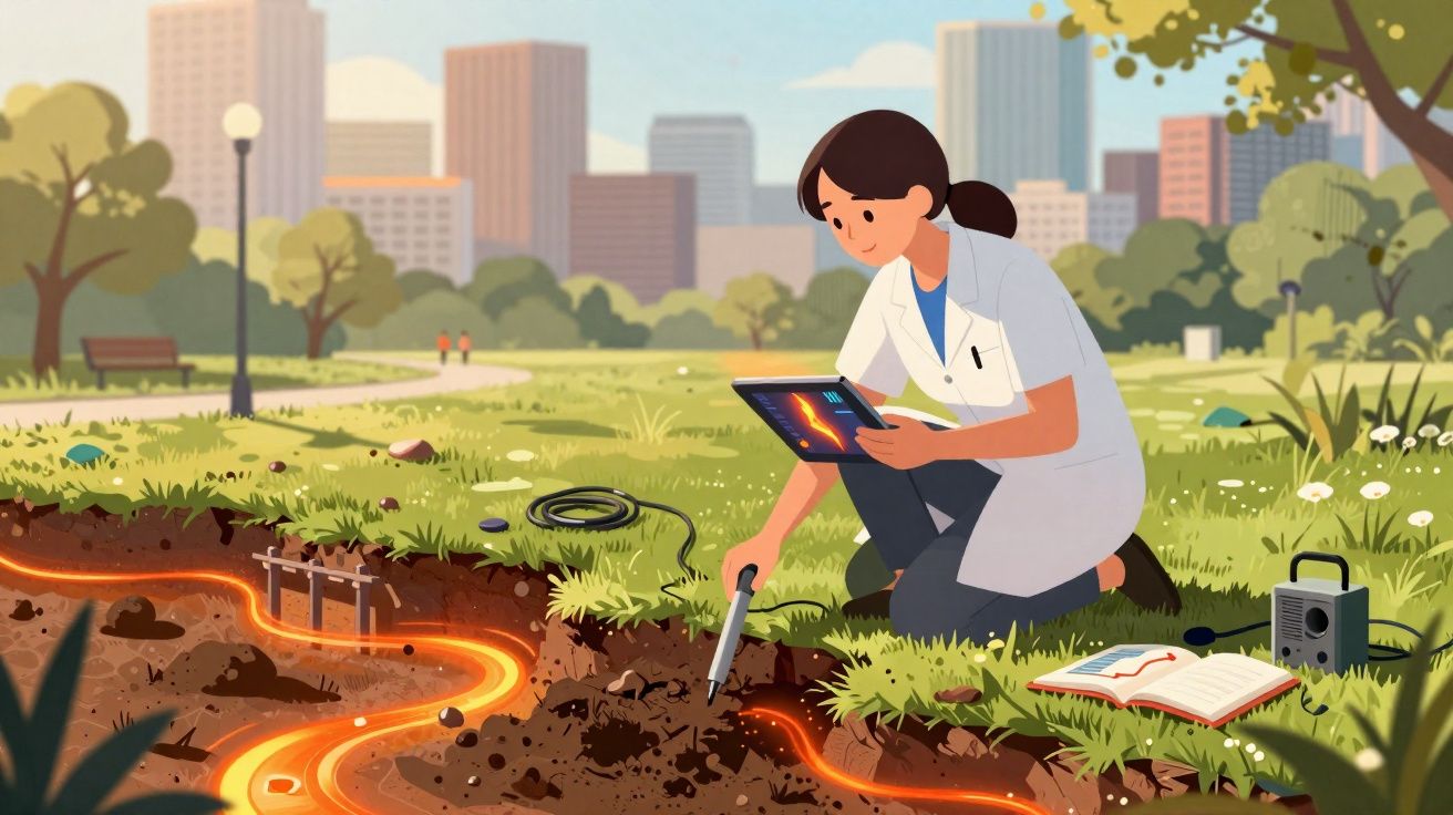 Mulher cientista em parque analisa solo com tablet e instrumentos para estudar fluxo subterrâneo de lava.
