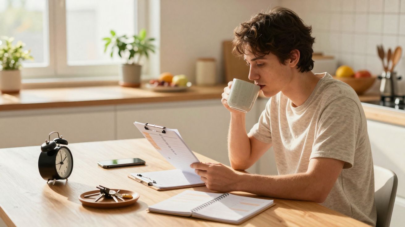 Jovem lendo documento e tomando café sentado à mesa com caderno, celular e relógio despertador ao lado.