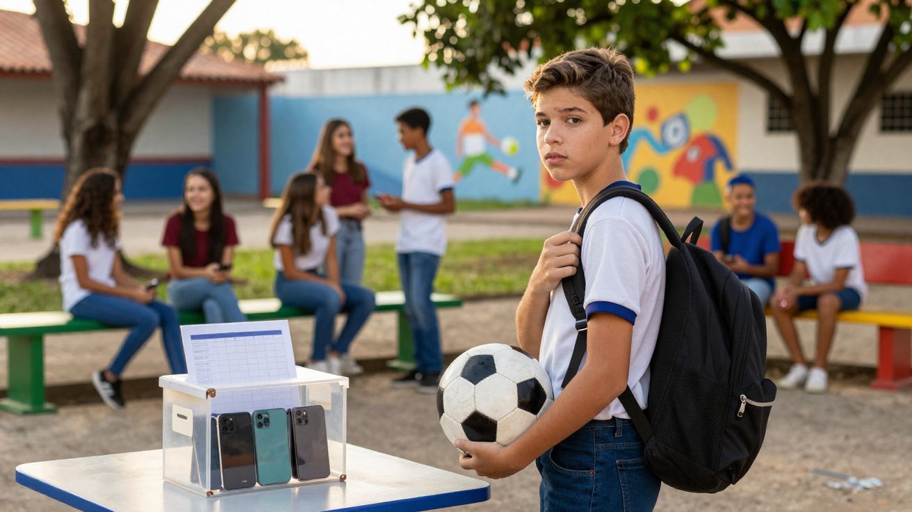 Adolescente com mochila e bola de futebol olhando para a câmera em pátio escolar com grupo ao fundo.