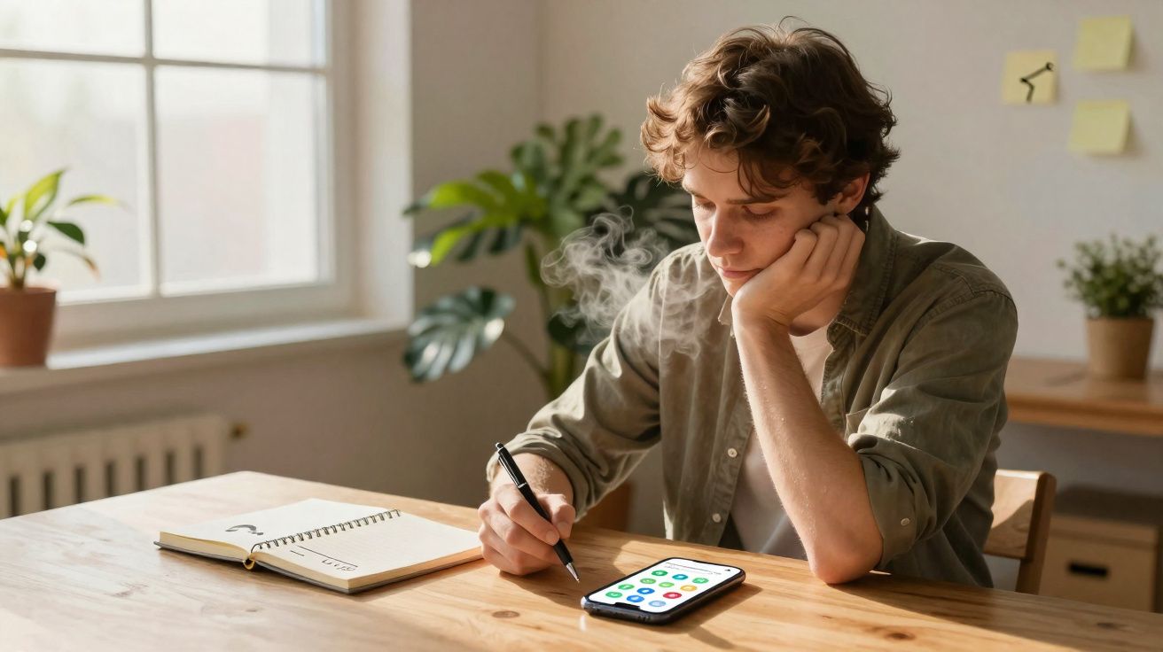 Jovem sentado à mesa escrevendo em caderno com celular ao lado e plantas ao fundo em ambiente iluminado.