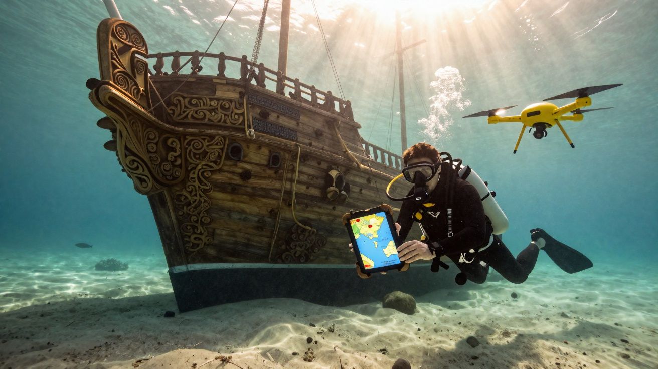 Mergulhador com tablet e drone amarelo explora naufrágio antigo no fundo do mar.