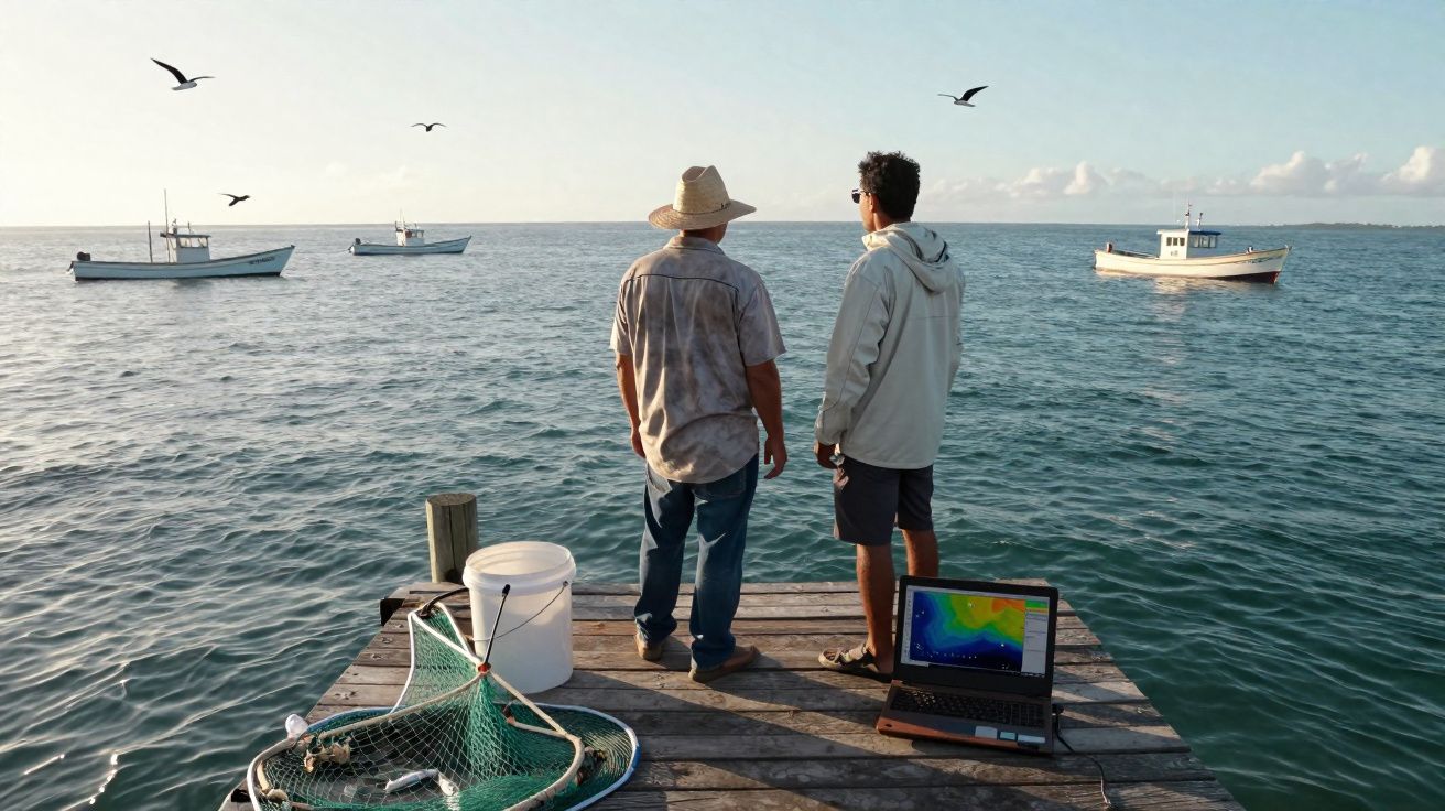 Duas pessoas de costas em um píer observando o mar, barcos e gaivotas ao redor, com rede e notebook ao lado.