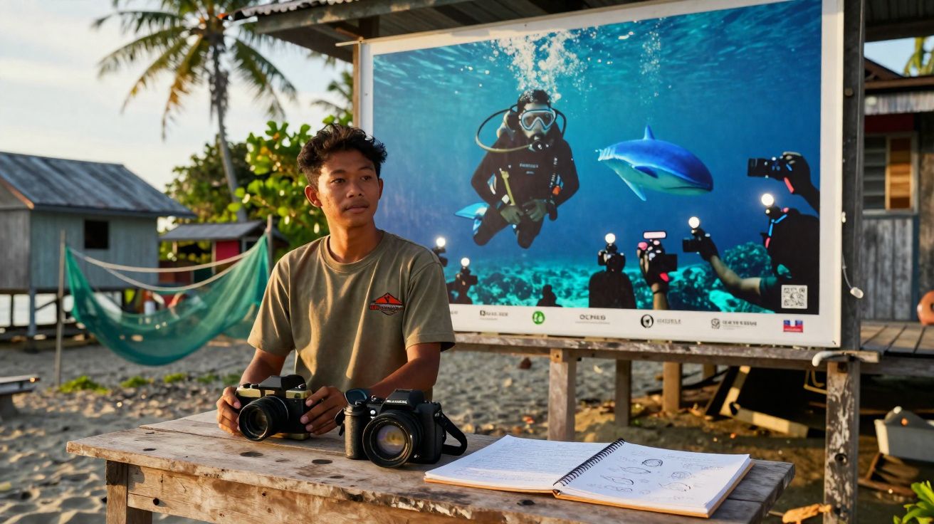 Jovem sentado em mesa de madeira na praia com duas câmeras e caderno, atrás painel mostra mergulhador e golfinho.