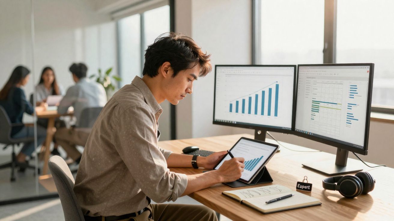 Homem analisando gráficos em tablet e dois monitores em escritório moderno com pessoas ao fundo.