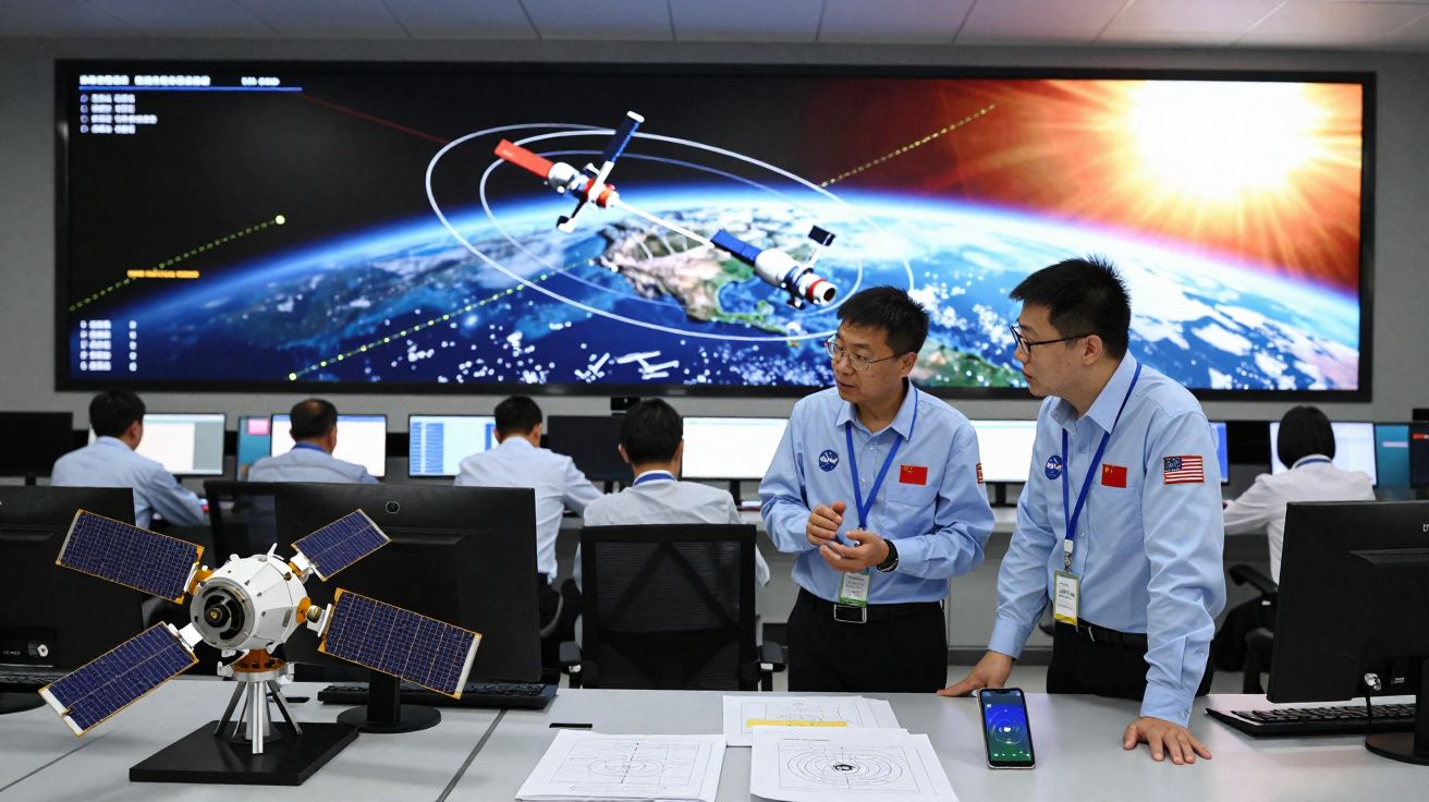Sala de controle espacial com profissionais monitorando satélites e modelo em miniatura na mesa, fundo com tela da Terra.