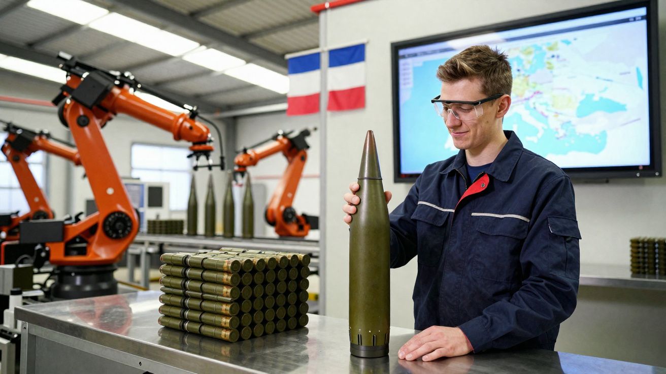 Homem com óculos de proteção manuseia projétil em fábrica com robôs industriais ao fundo.