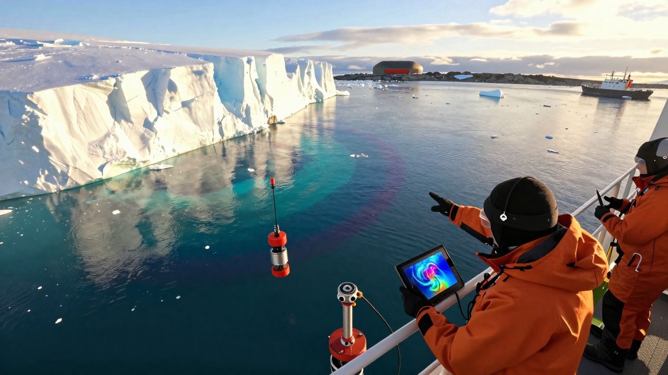 Pesquisadores com roupas laranja em navio próximo a grande icebergue e equipamento de monitoramento na água.