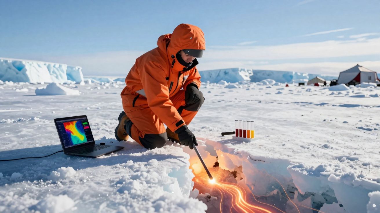 Pesquisador com roupa laranja coleta amostra no gelo, com laptop e tubos de ensaio em campo nevado.
