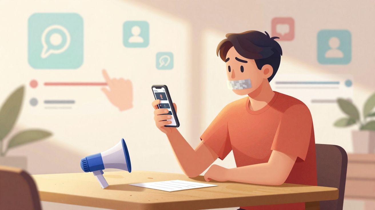 Homem com boca fechada por fita adesiva segura celular sentado à mesa com megafone, simbolizando censura online.
