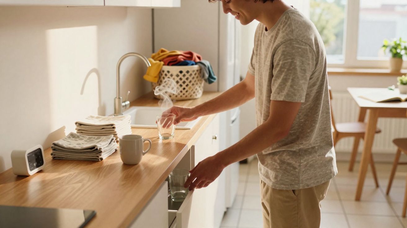 Homem sorridente pega copos limpos em cozinha iluminada com luz natural.