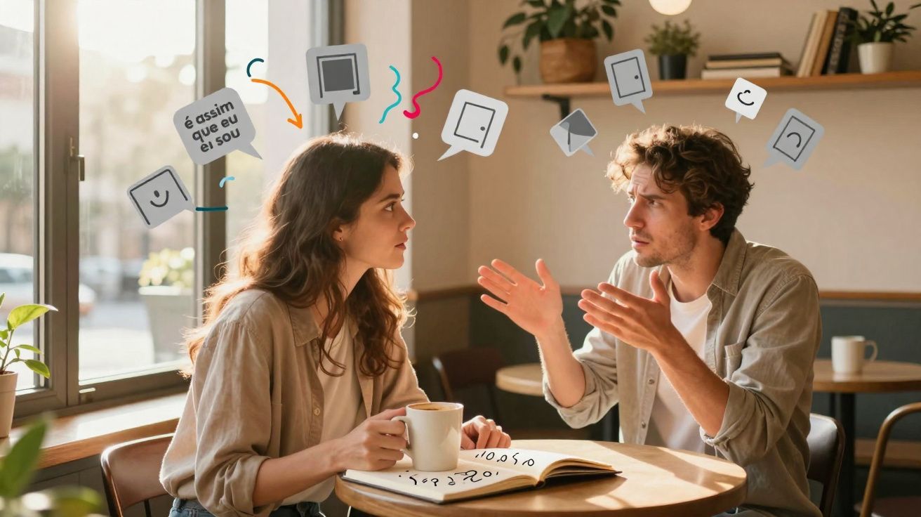 Casal sentado em cafeteria, conversando com expressões faciais intensas e ícones gráficos ilustrando o diálogo.