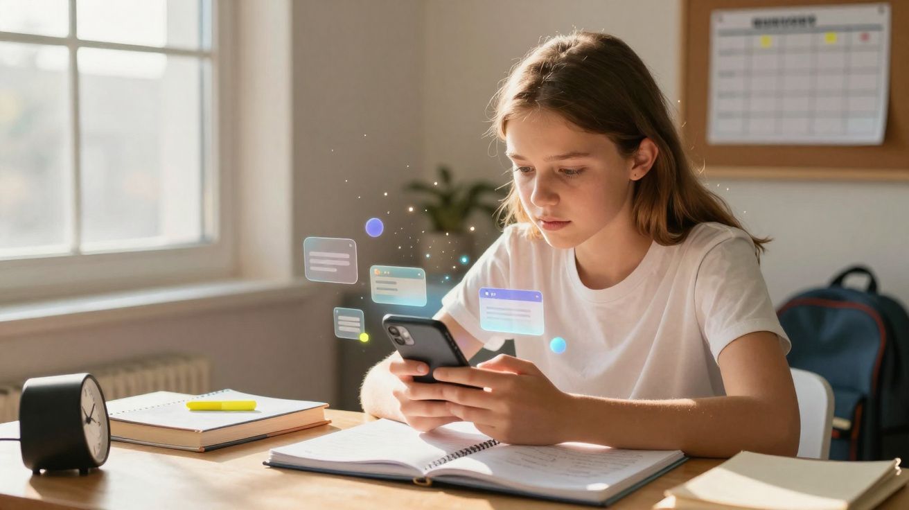Adolescente concentrada usando celular enquanto estuda em mesa com cadernos e relógio.
