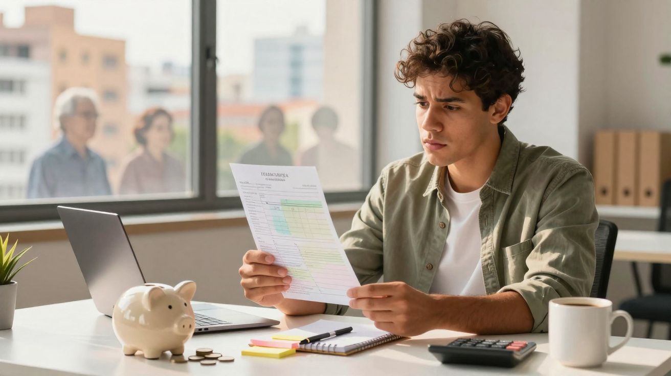Jovem analisando uma planilha em papel sentado à mesa com cofrinho, laptop e calculadora.