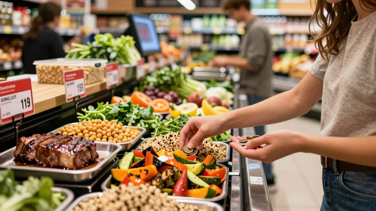 Pessoa escolhendo alimentos frescos em buffet de supermercado com legumes, grãos e carnes expostos.