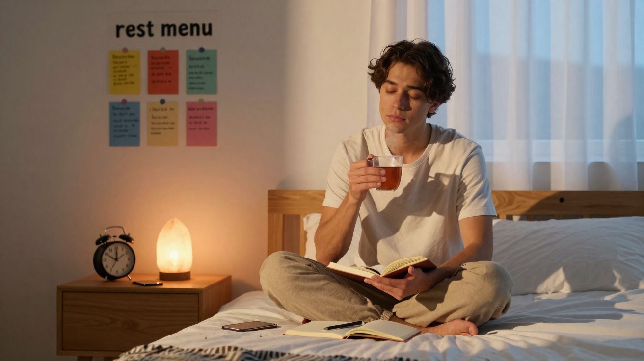 Jovem sentado na cama lendo um livro e segurando uma xícara de chá em ambiente iluminado e acolhedor.