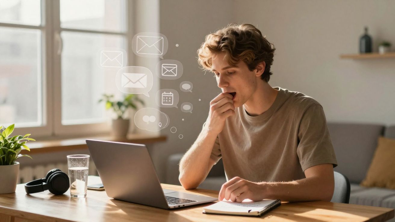 Jovem sentado à mesa com laptop e caderno, aparentando cansaço e bocejando em ambiente iluminado.