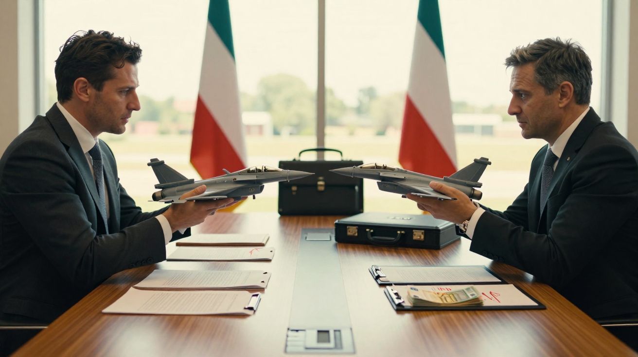 Dois homens de terno sentados à mesa seguram miniaturas de avião de combate em uma sala com duas bandeiras ao fundo.
