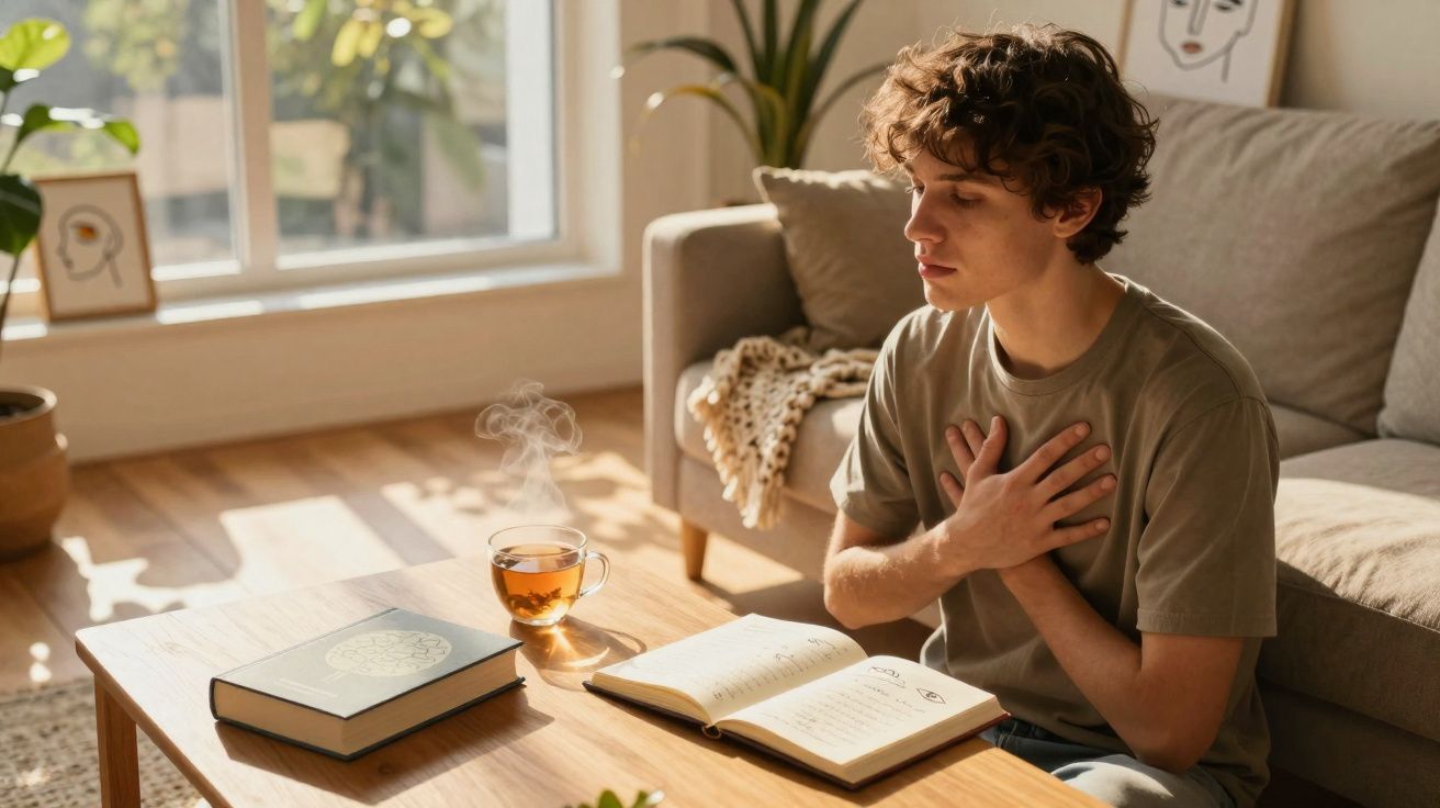 Jovem sentado na sala com as mãos no peito, lendo livro aberto em mesa com chá quente e livro fechado.