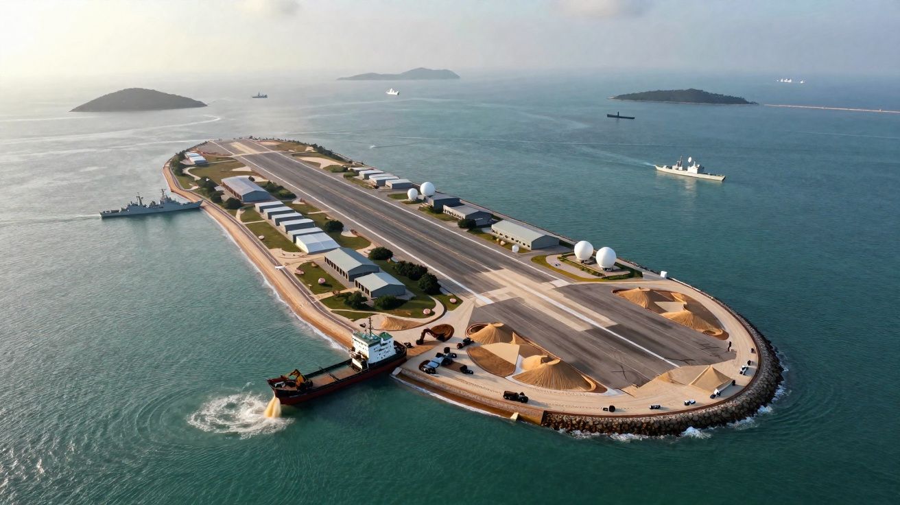 Ilha artificial com pista de pouso, edifícios e navios militares no mar em dia claro.