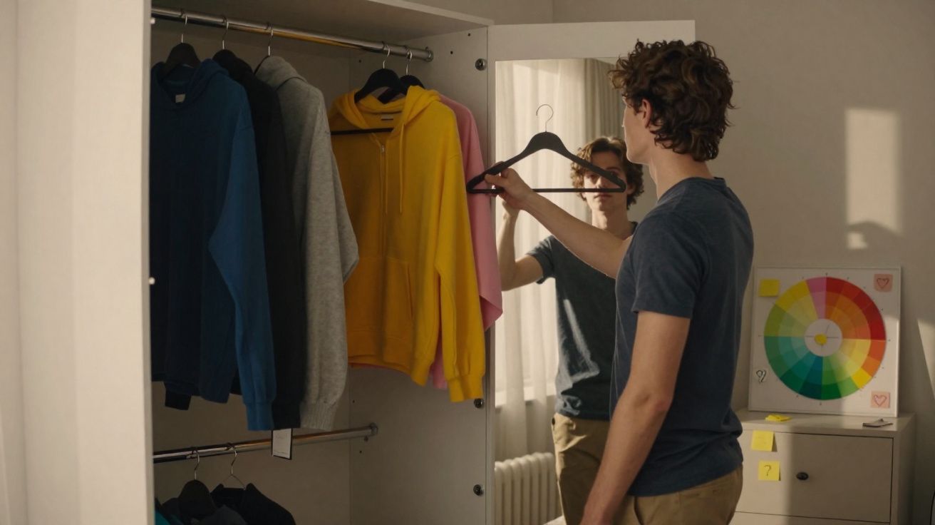 Jovem escolhe cabide no guarda-roupa com moletons coloridos em quarto iluminado pela luz natural.
