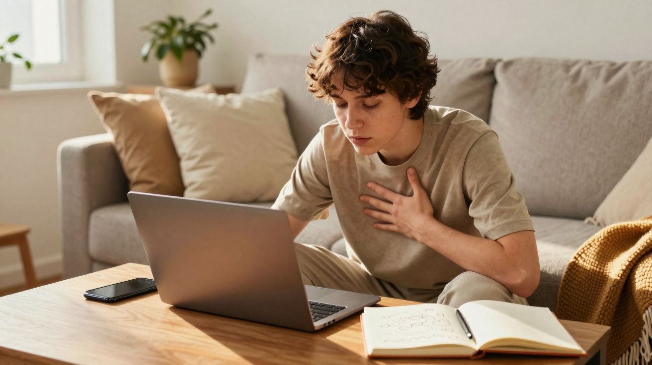 Jovem sentado no sofá, olhando para o laptop e segurando o peito com expressão de desconforto.