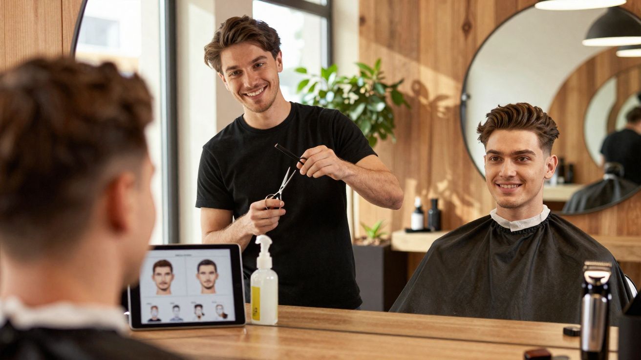 Homem cortando cabelo de cliente em barbearia moderna com espelho e imagens de cortes no tablet.