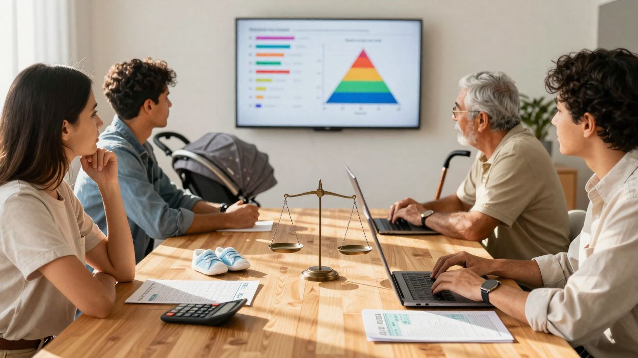 Grupo diverso reunido em reunião com gráfico na parede, calculadora e balança sobre mesa de madeira.