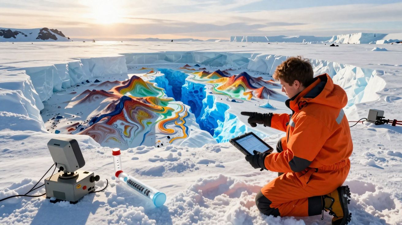 Pesquisador em roupa laranja analisa buraco colorido na neve com equipamentos científicos na Antártida.