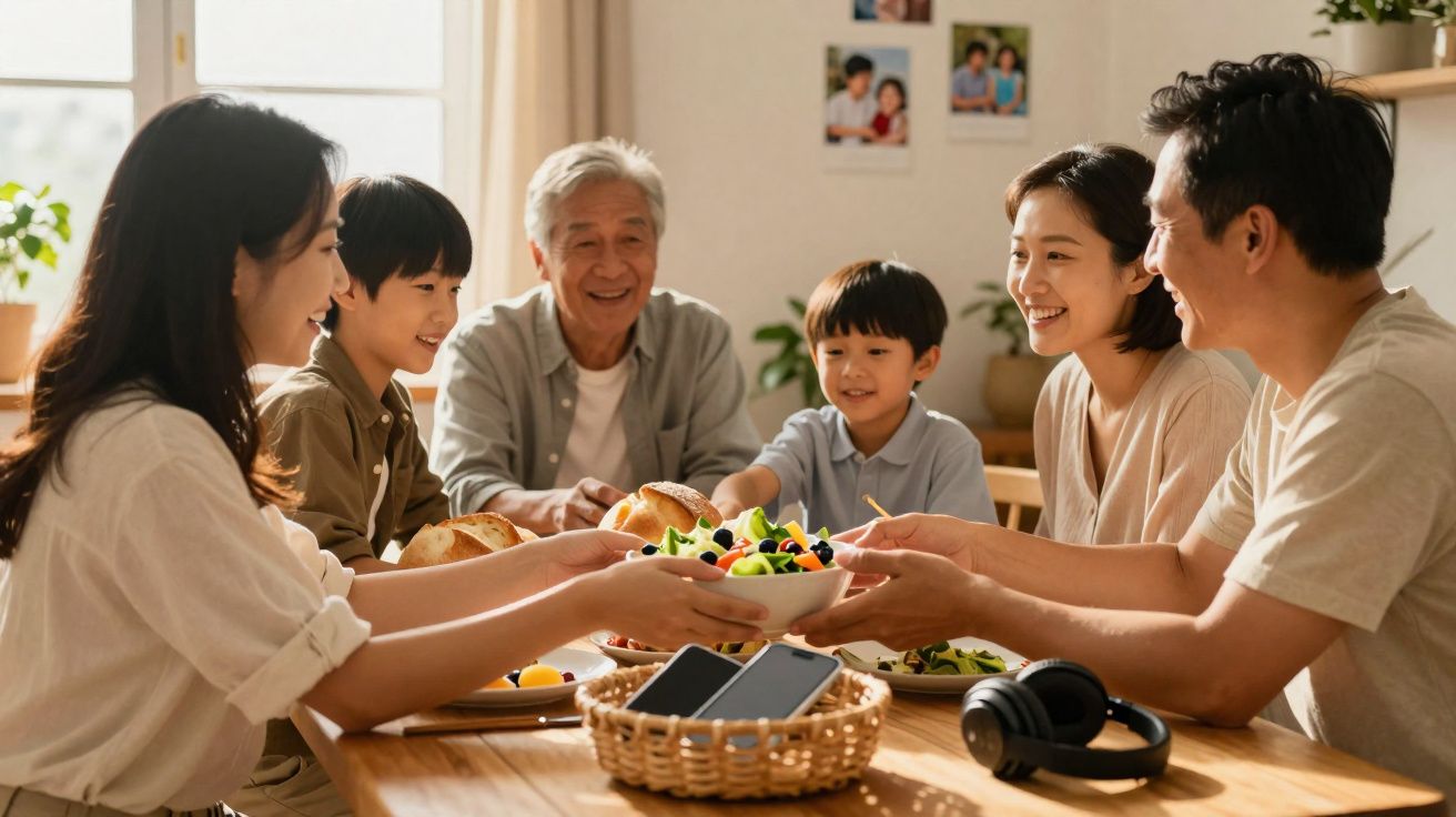 Família asiática de três gerações sorrindo e compartilhando uma refeição na mesa da cozinha.