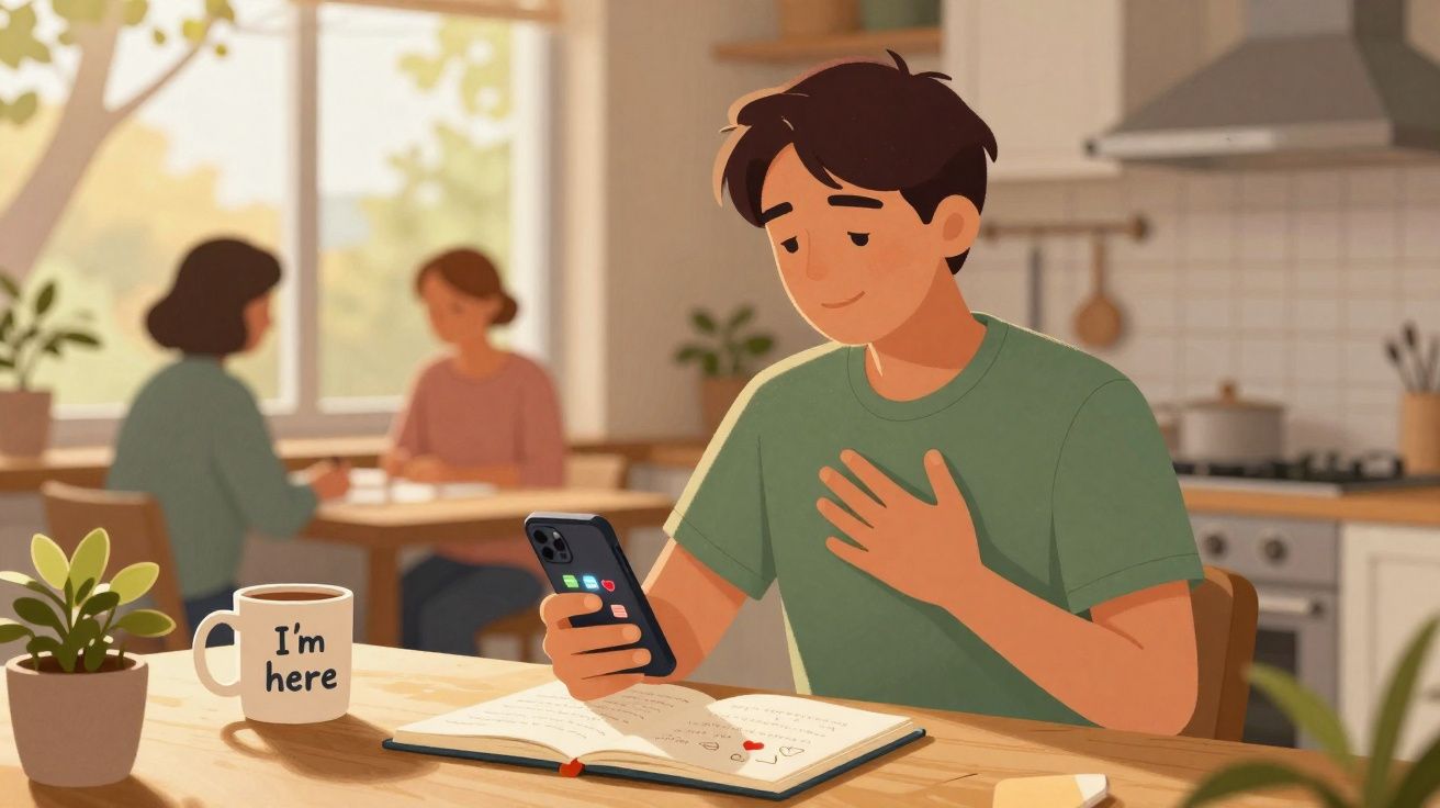 Jovem sorrindo ao ler mensagem no celular enquanto está sentado à mesa com caderno aberto em um ambiente acolhedor.